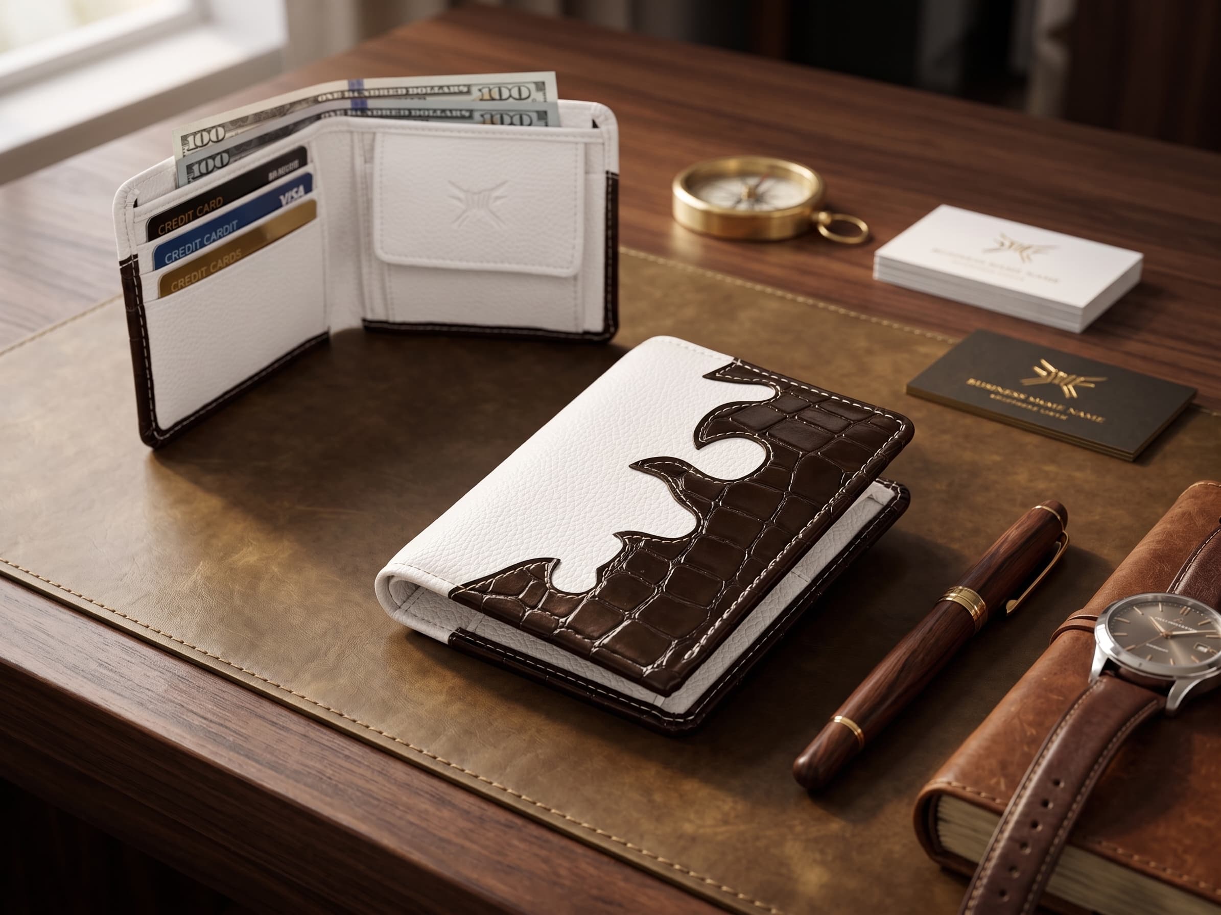 A handcrafted faux leather bifold wallet with an embossed flame design