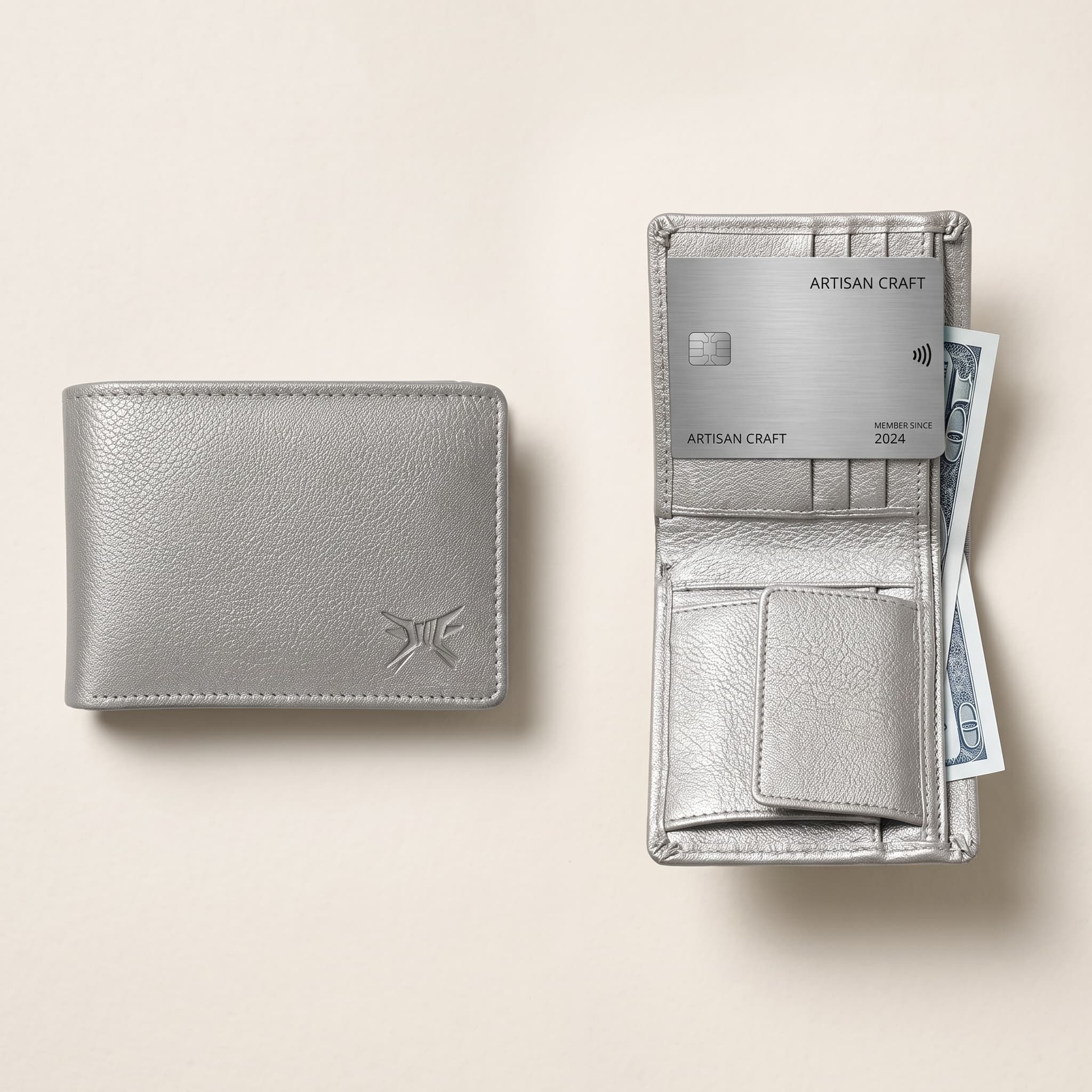 A classic smooth faux leather bifold wallet in a natural tone